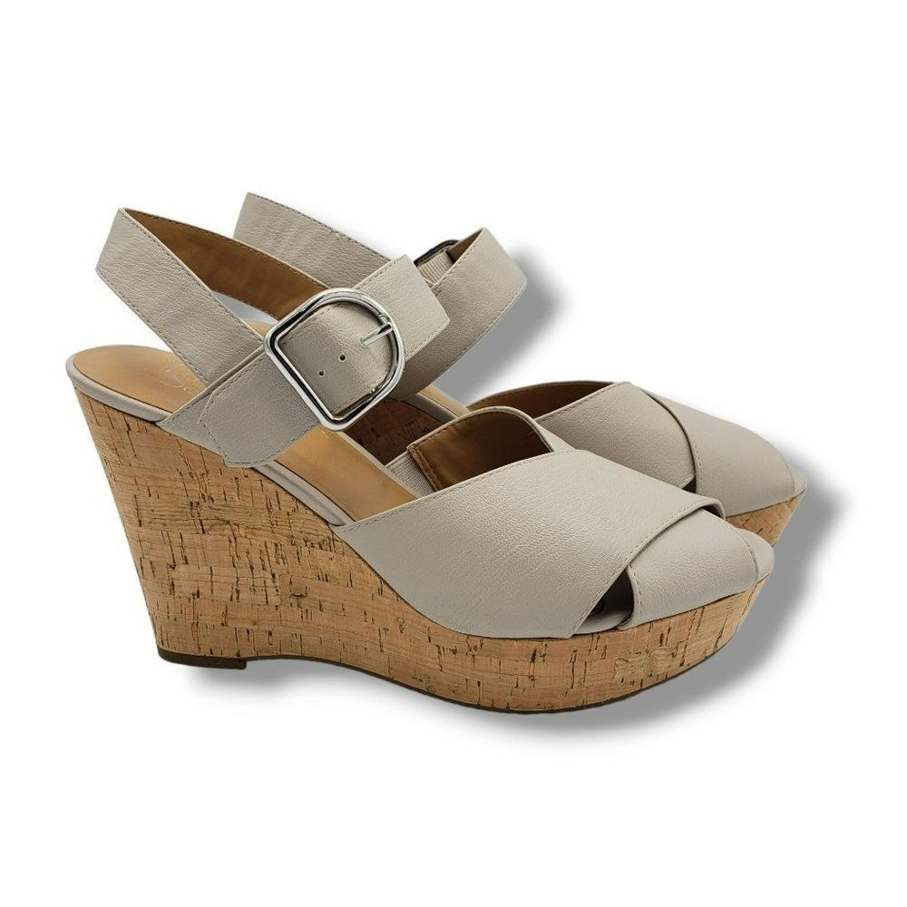 Franco Sarto Sarabeth Wedge Sandals Womens 9 Beige Faux Leather